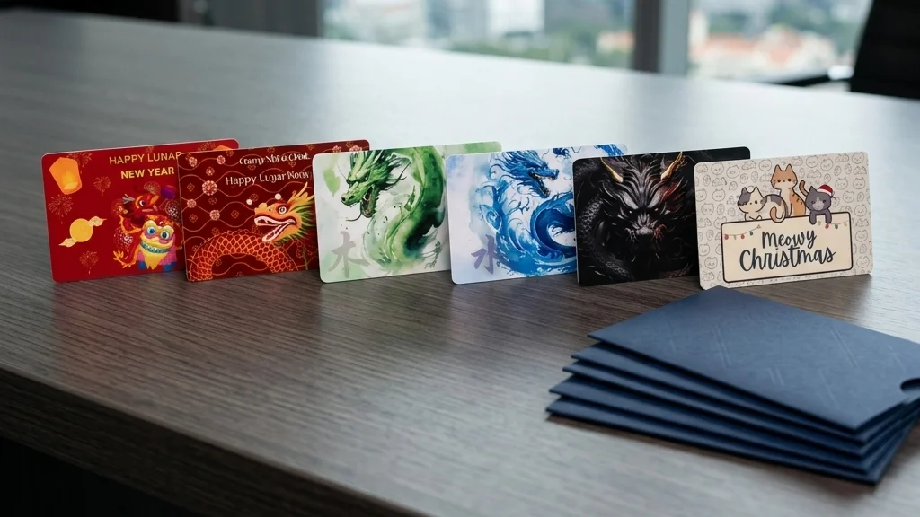 Custom-designed smart cards arranged for a corporate gifting project